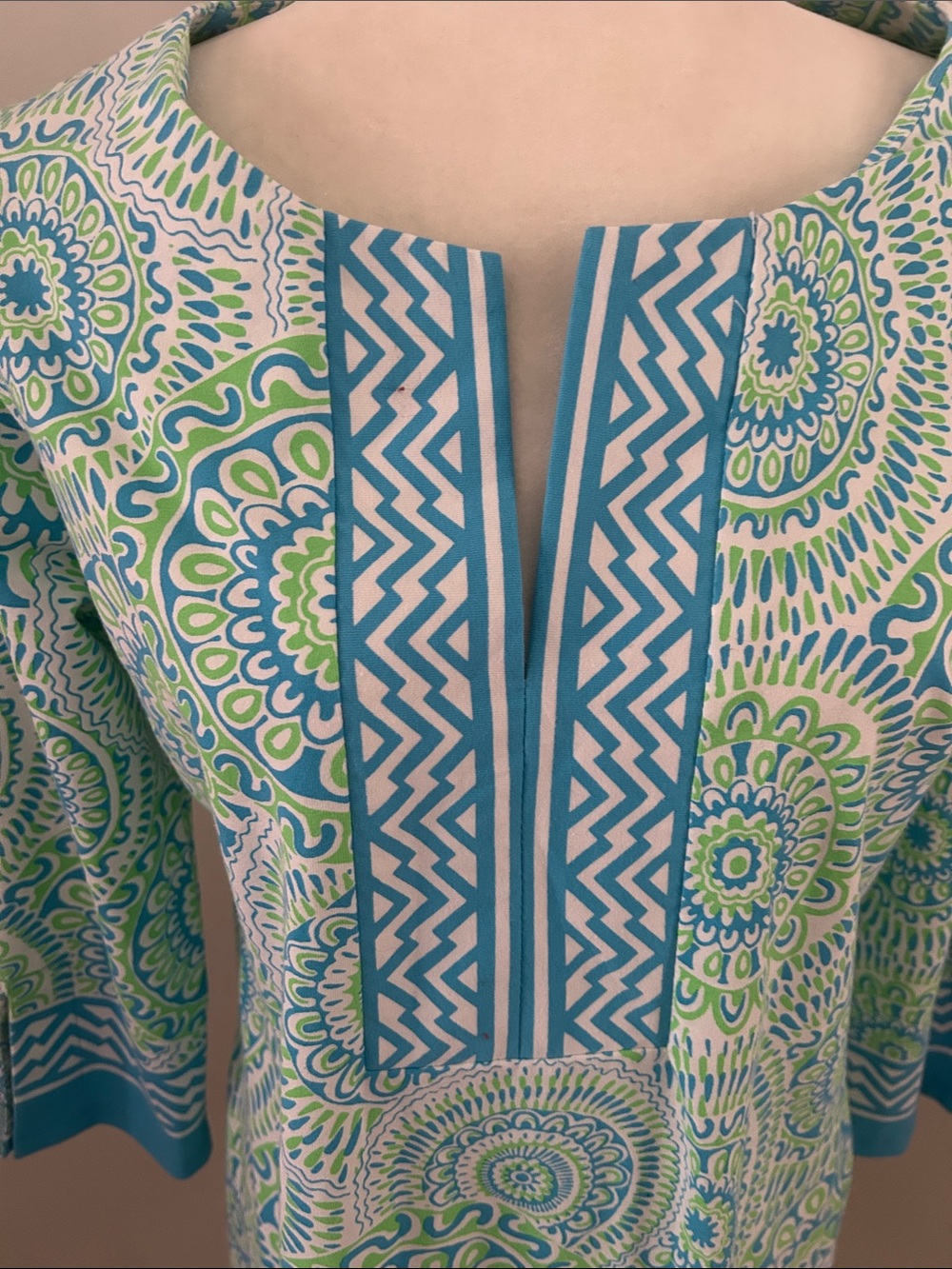 Barbara Erickson Blue & Green Medallion Print Cotton Shift Dress sz L - Picture 2 of 7